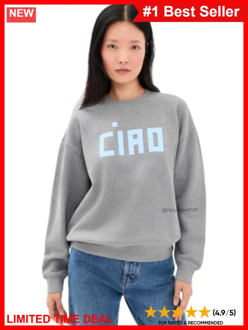 Oversized Cotton Crewneck Sweatshirt Ciao Letter Graphic Pullover